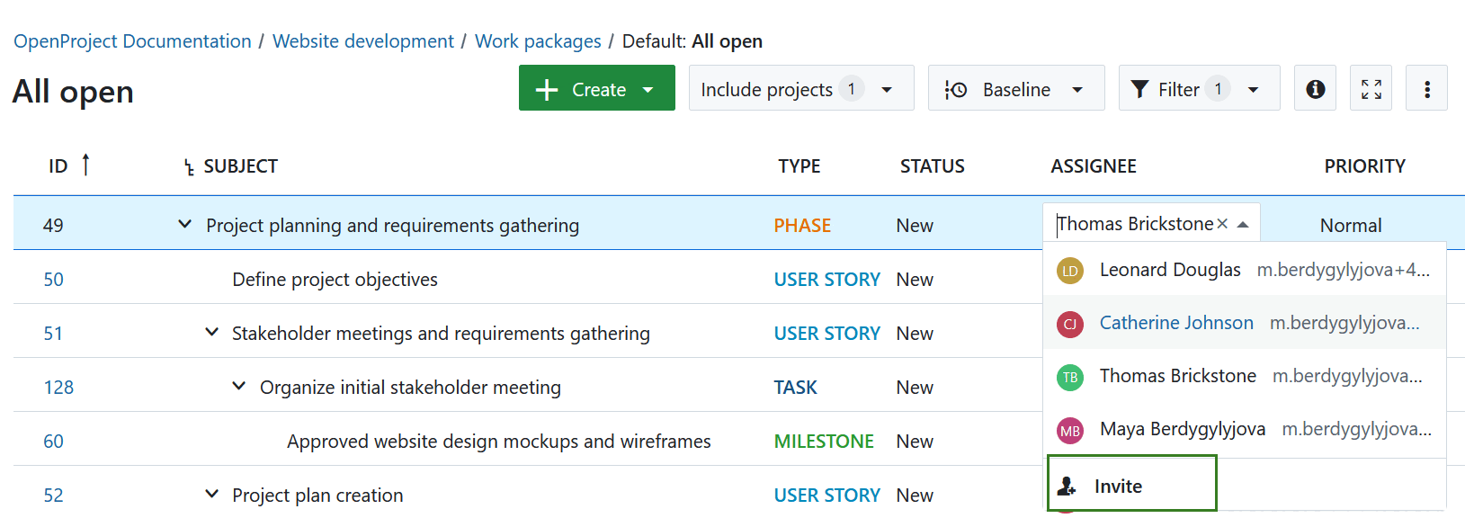 Invite a user from a work package assignee field in OpenProject