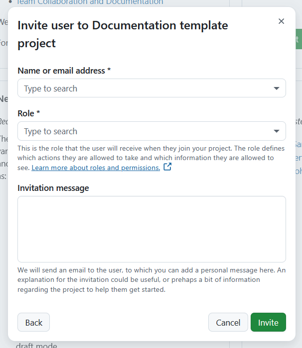 Form to specify user and permissions when inviting new users to a project in OpenProject
