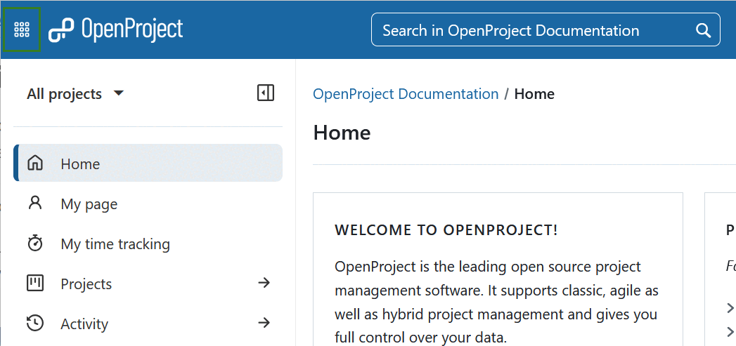 Grid icon in the top left corner of OpenProject head navigation