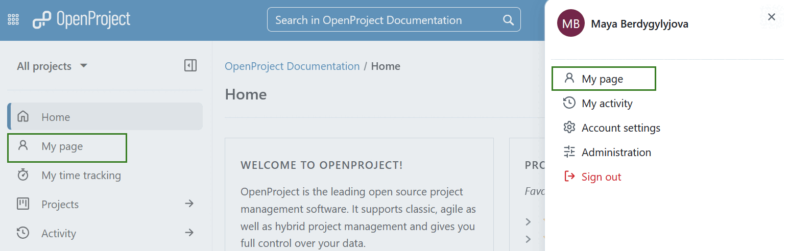 Navigate to My page in OpenProject