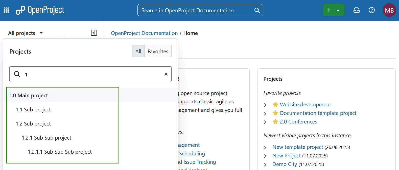Project hierarchy displayed in “all projects” dropdown menu in OpenProject