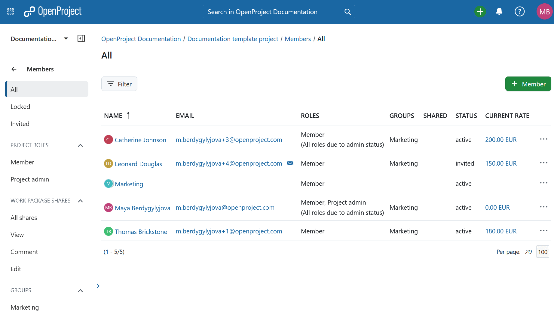 Members module in an OpenProject project, showing all project members