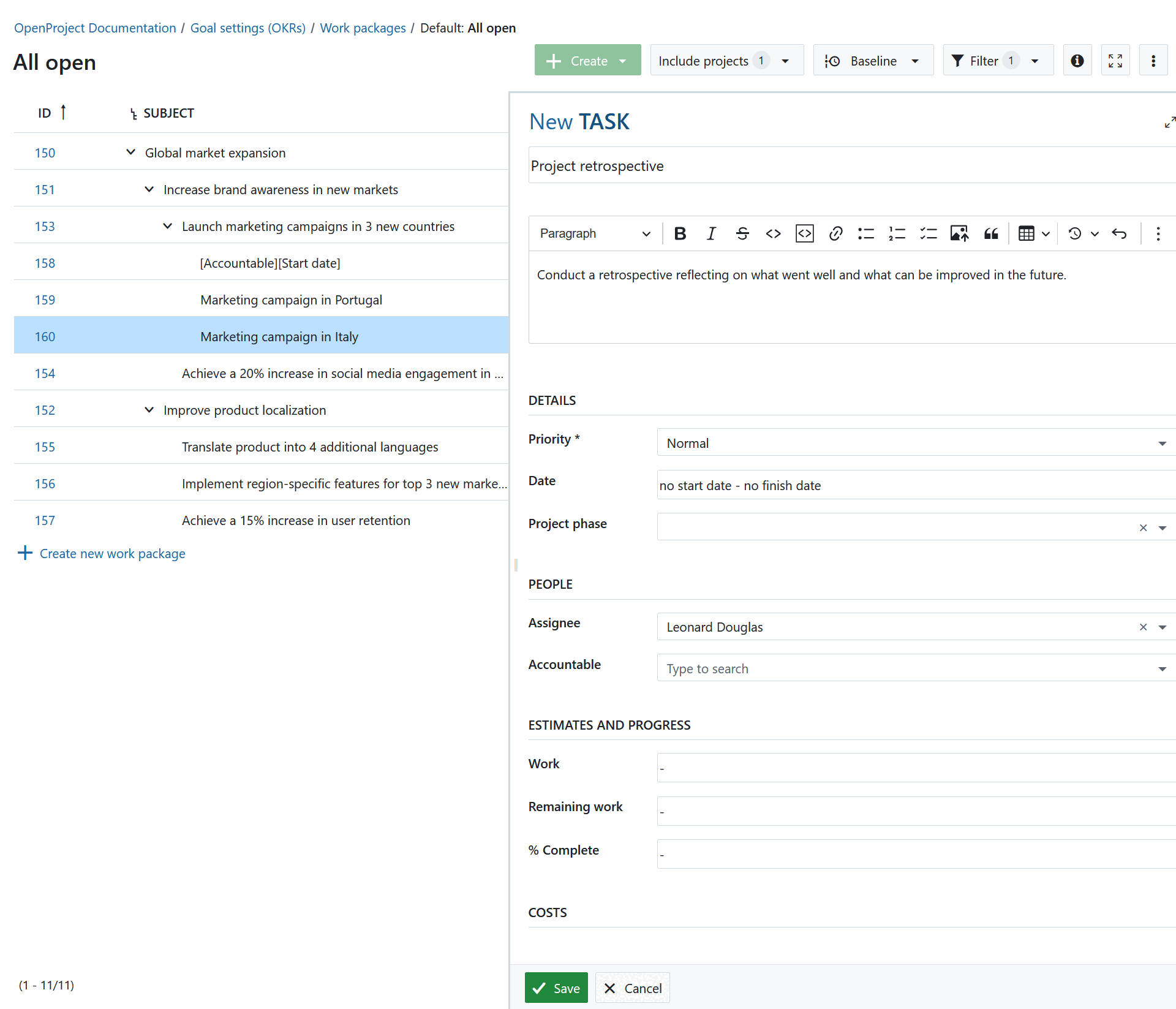 Split screen view showing a list of existing work packages on the left and the form to create a new work package on the right side