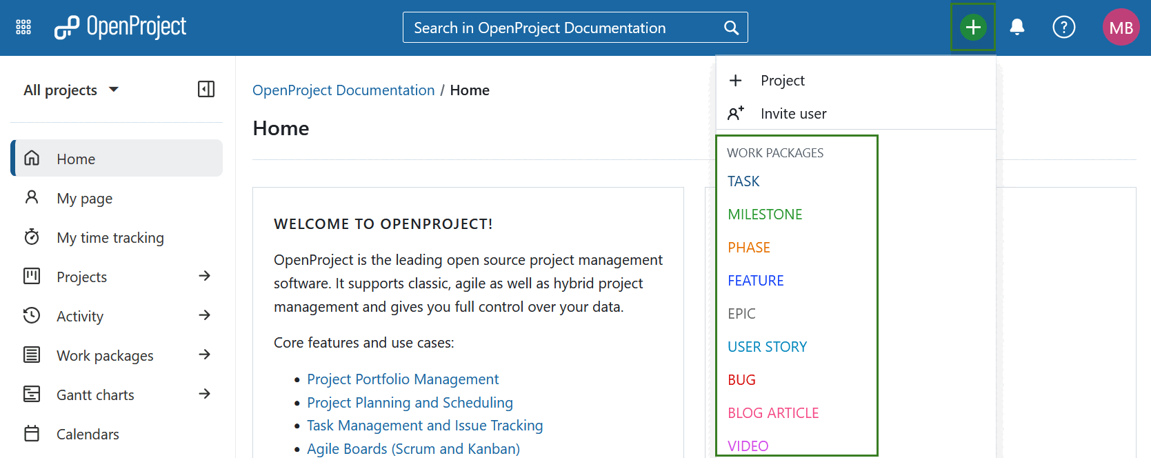 Plus icon in the header navigation of OpenProject, opened and showing work package types to create a new work package