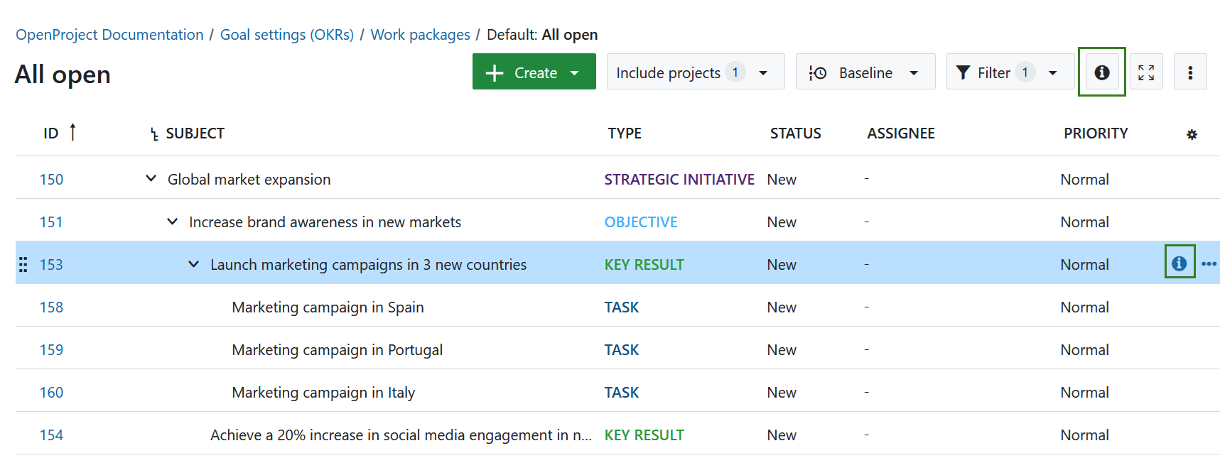 “I” icon to open a detailed view of a work package in OpenProject