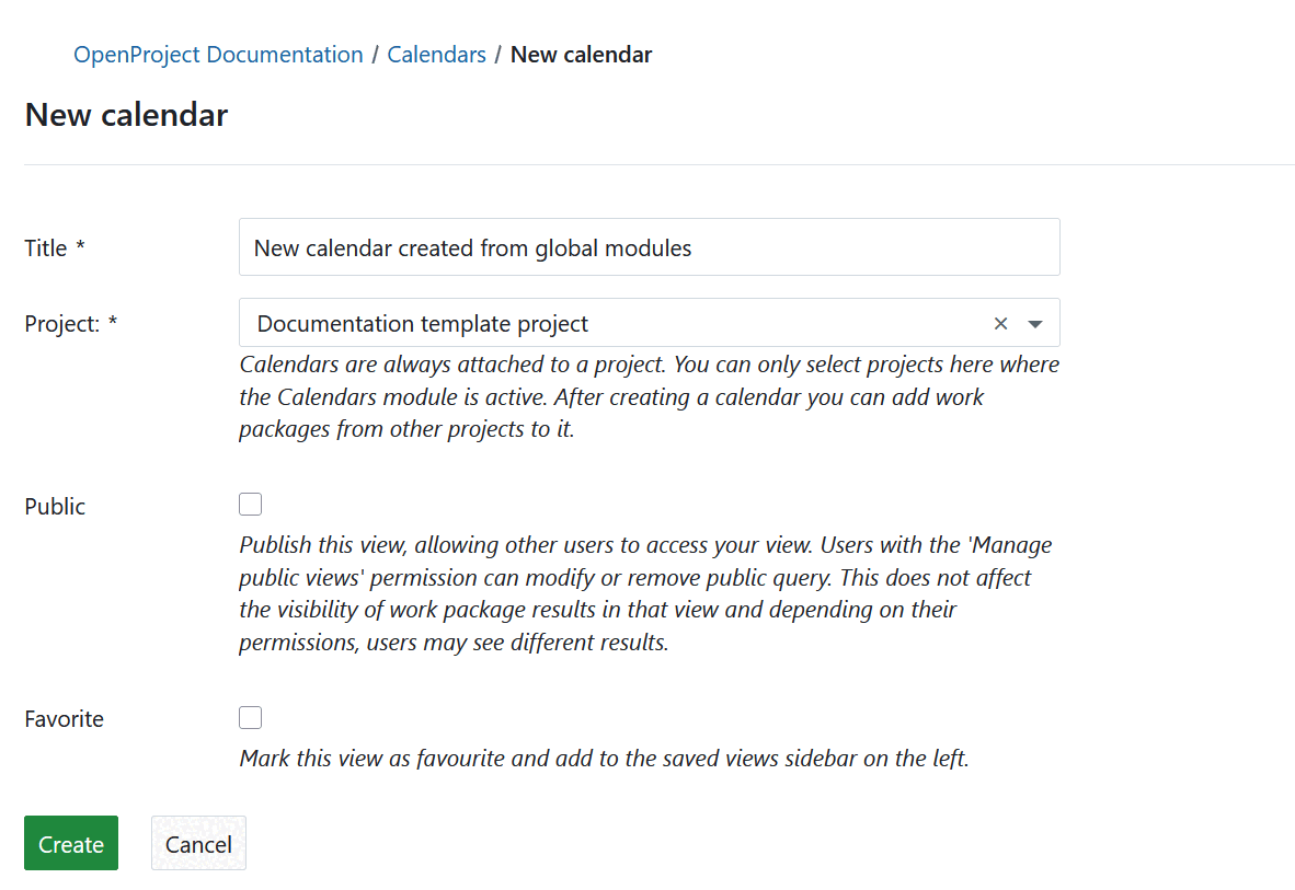 Creating a new calendar from the Calendars global module