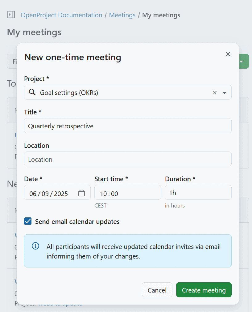 Creating a new meeting from the Meetings global module