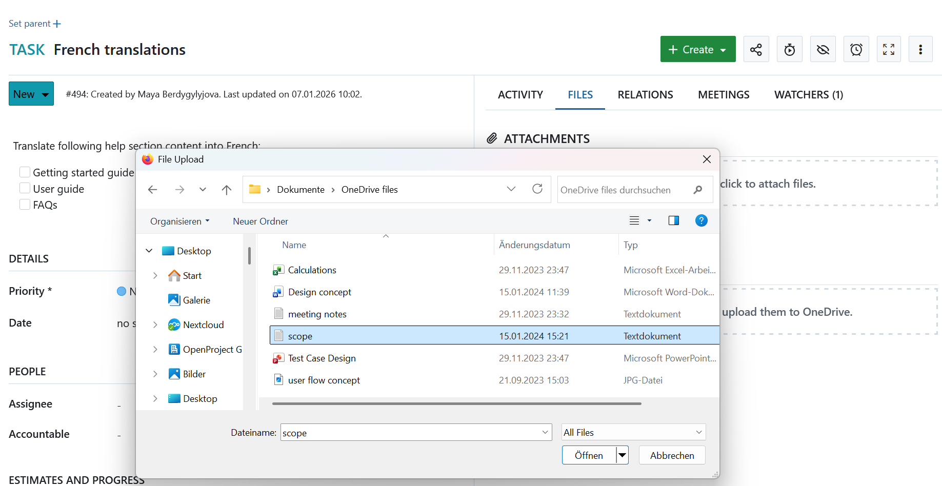 Choosing a file to upload to OneDrive in an OpenProject work package