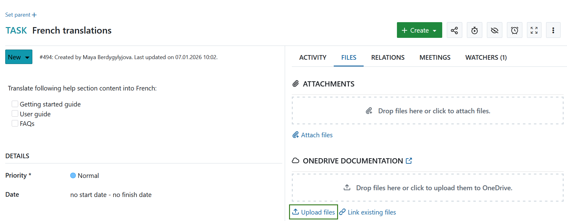 Upload file link in an OpenProject work package