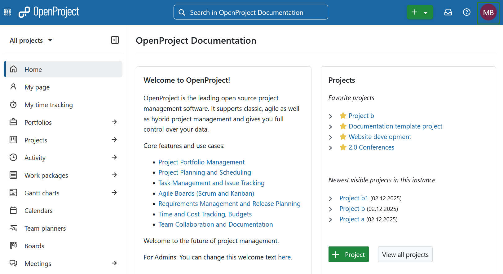 OpenProject homepage, with the avatar highlighted in the top right corner