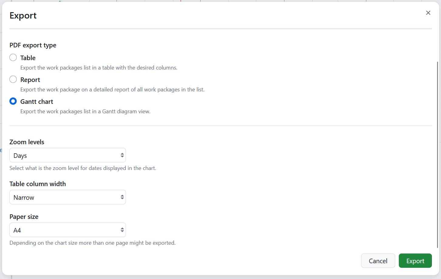 Gantt chart PDF export in OpenProject