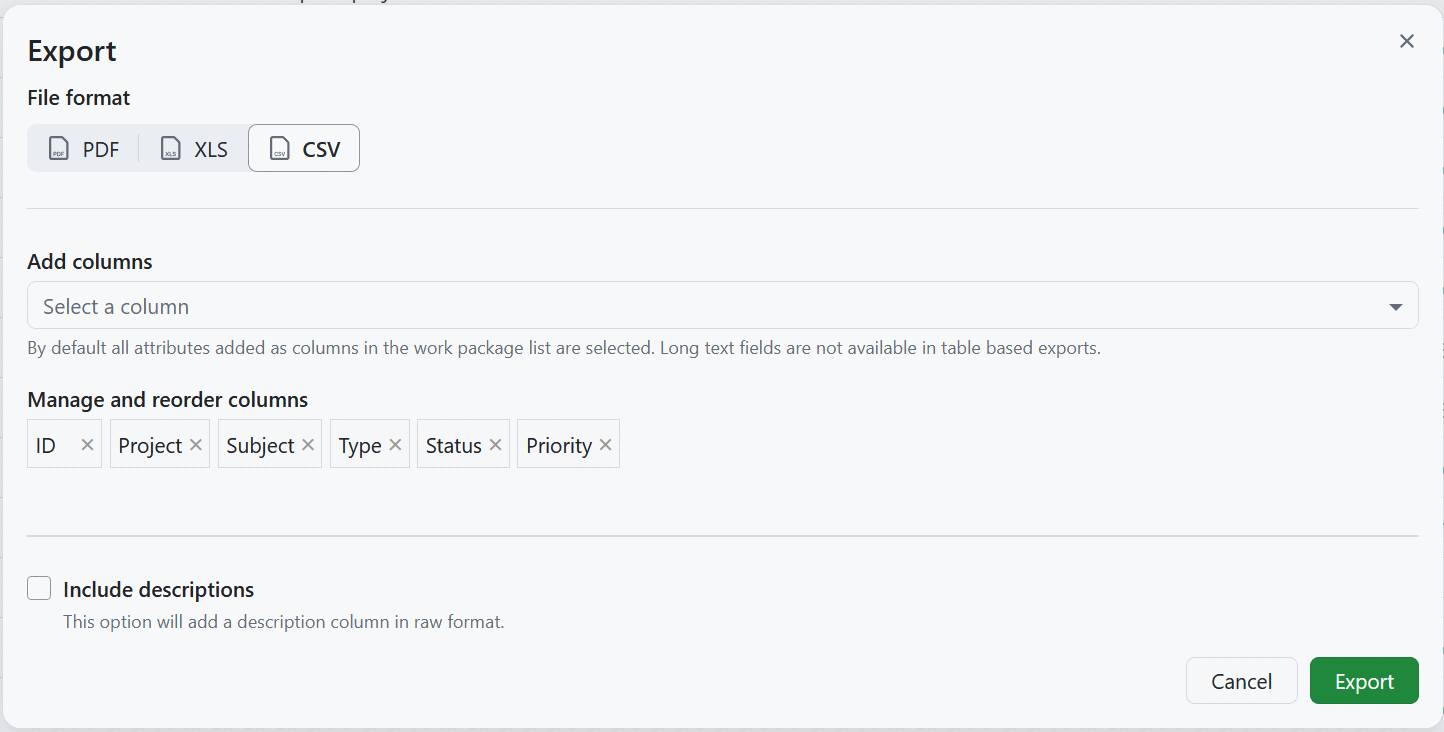 Export work packages in CSV format in OpenProject