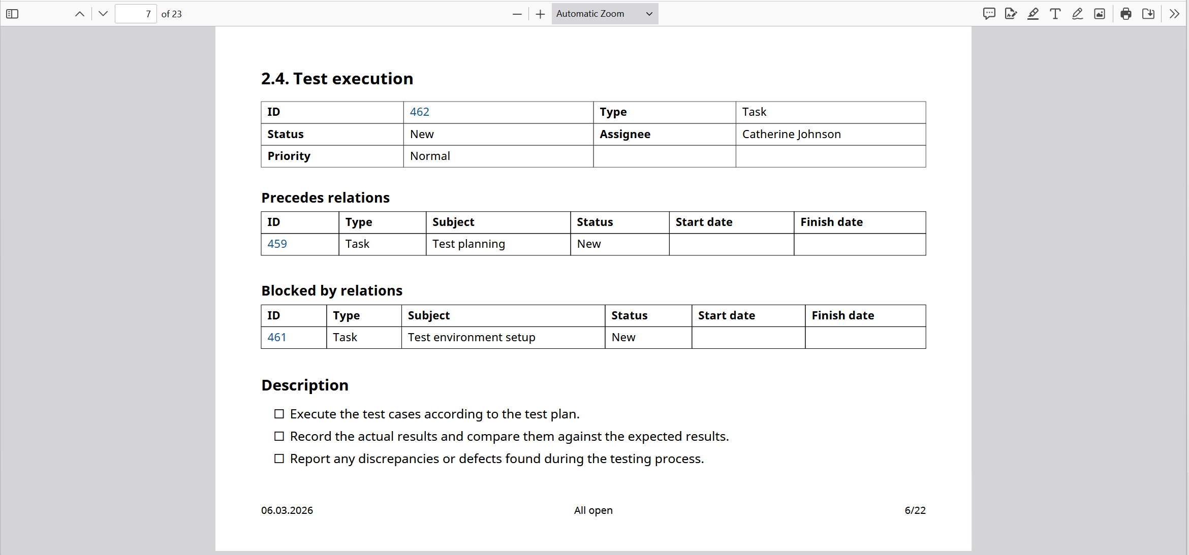 A pdf export of OpenProject work packages, displaying dedicated sections to existing work package relations