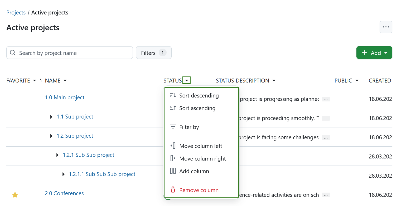 Configure project lists view by using column header dropdown menu