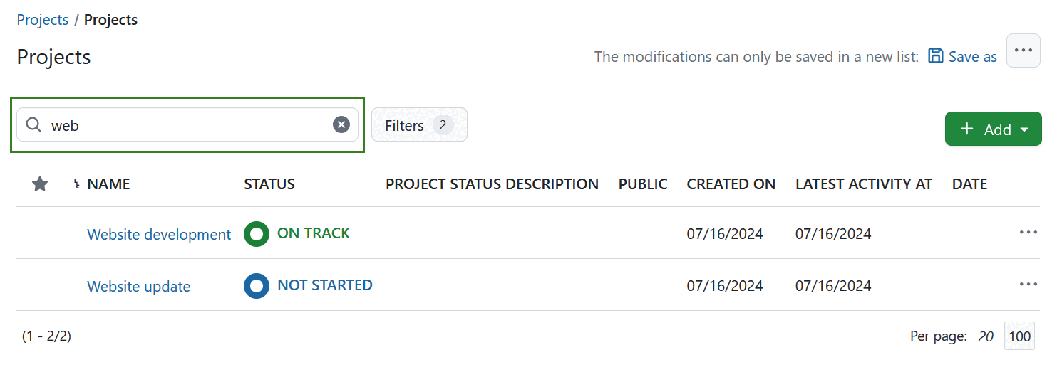 Filter project lists by project name in OpenProject