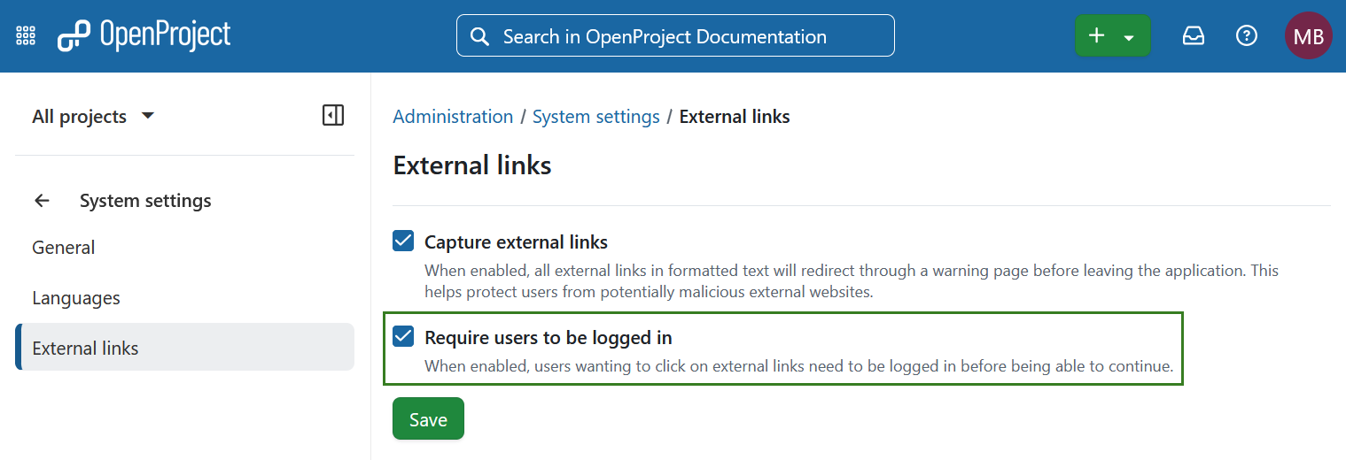 Página de configuración de la administración de OpenProject para enlaces externos con la opción activada para exigir a los usuarios que inicien sesión antes de seguir enlaces externos.