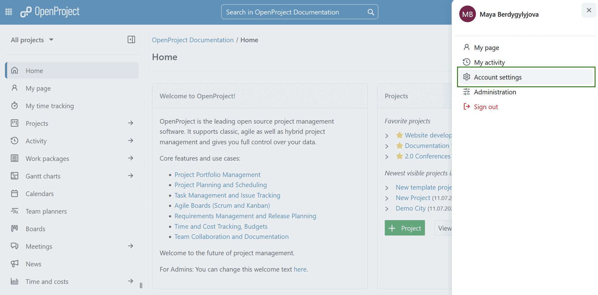 Account settings in OpenProject