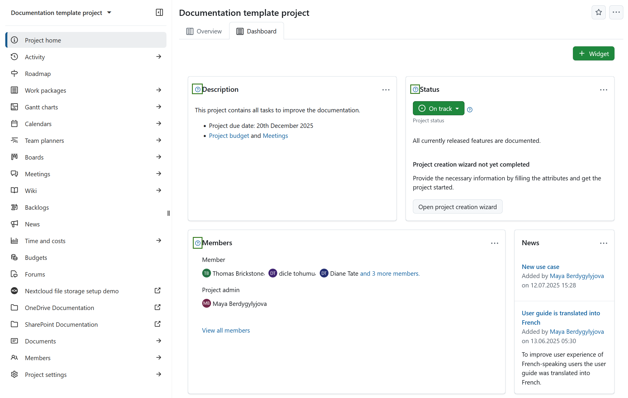 Attribute help texts on a project overview page