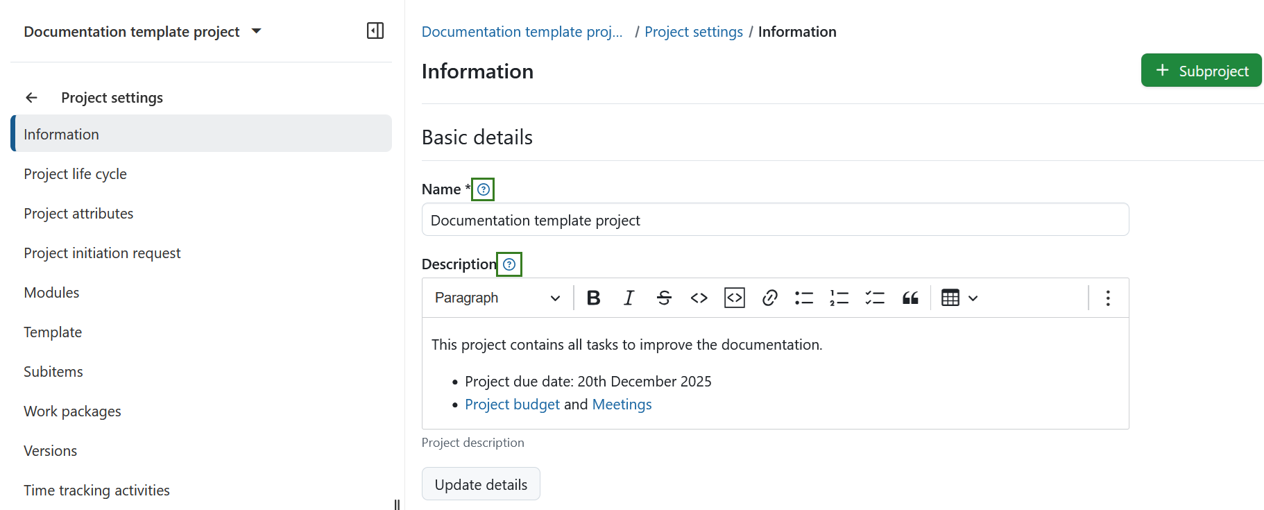 Attribute help texts project information page