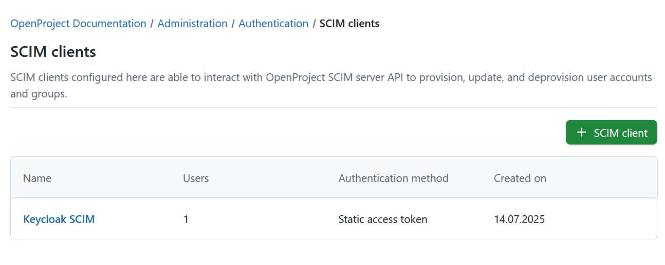 Scim clients index page listing all created clients under authentication settings in OpenProject administration