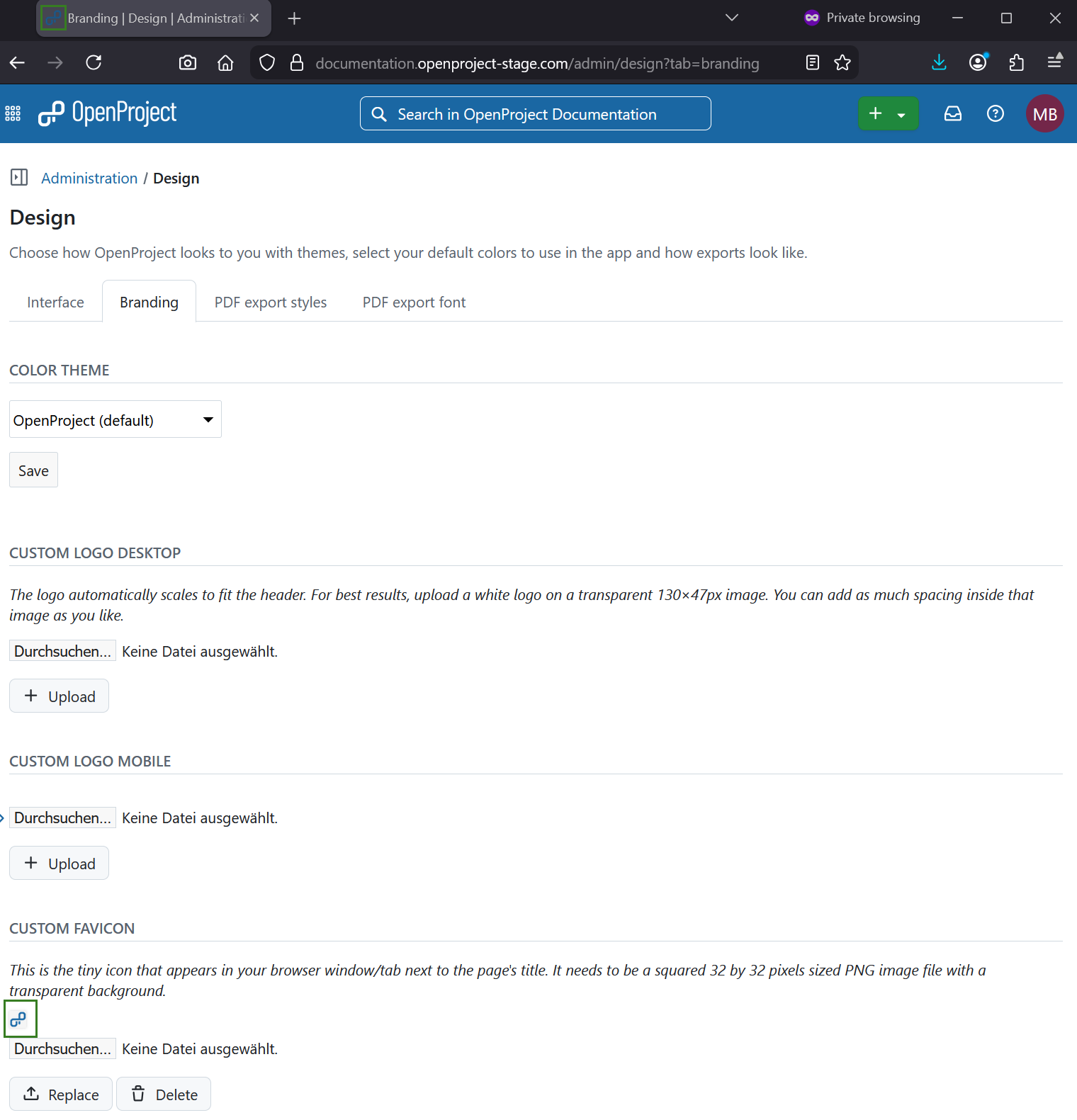 Custom favicon in OpenProject design settings