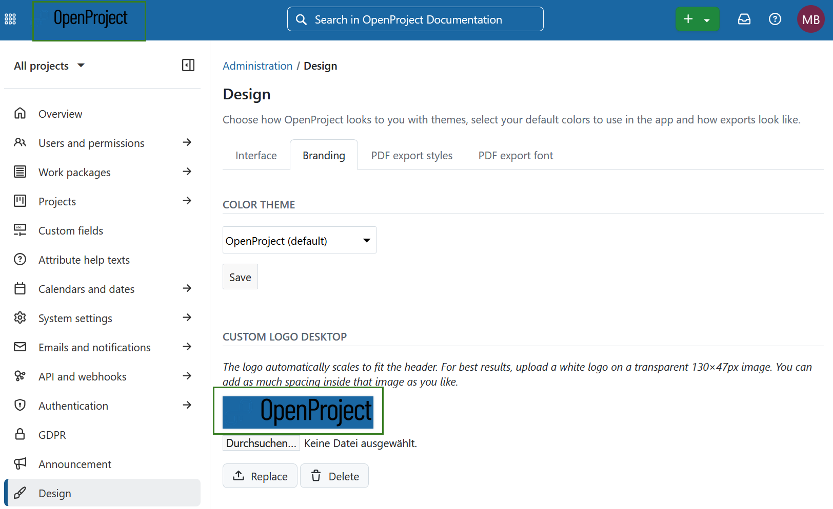 Custom logo updated in OpenProject administration