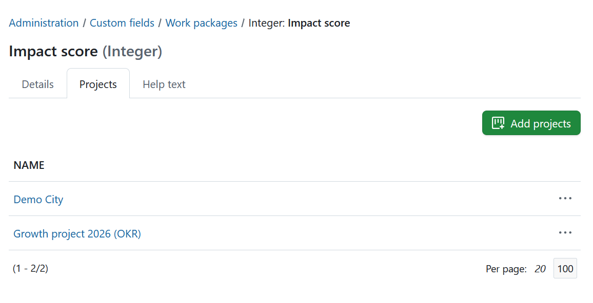 Add a custom field to multiple projects at once in OpenProject administration