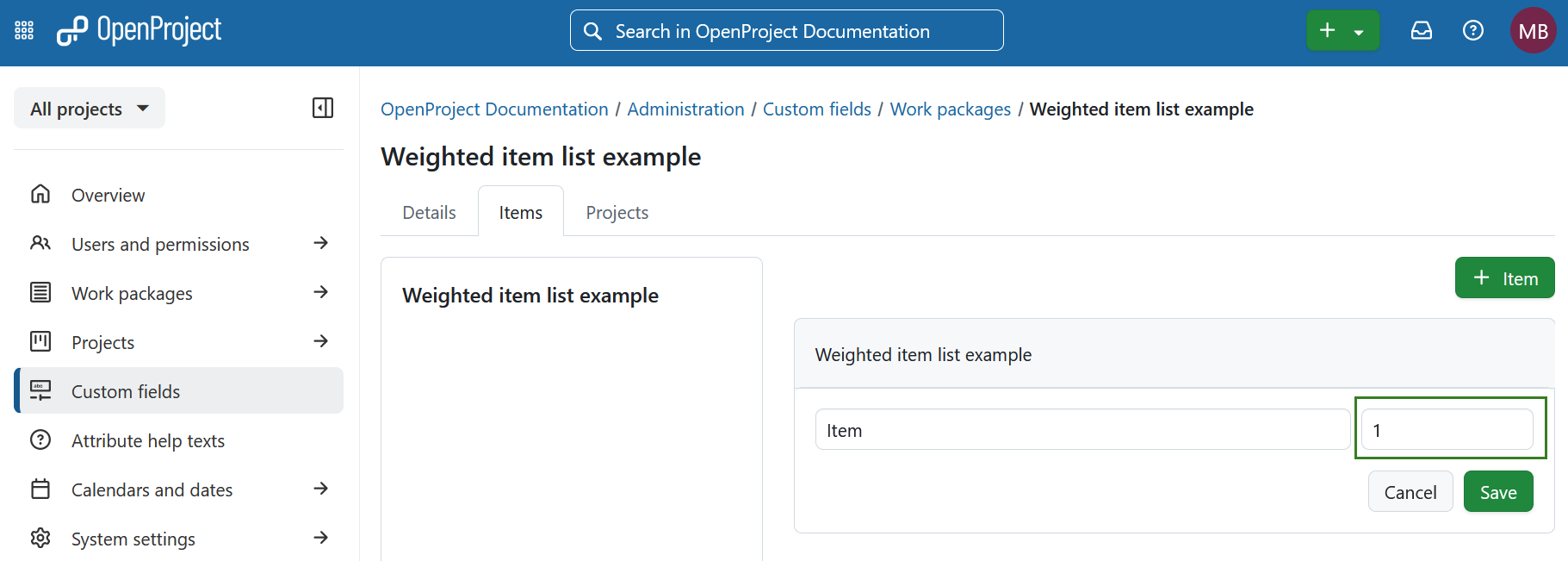Specify weight for an item in a custom field of type “weighted item list” in OpenProject administration