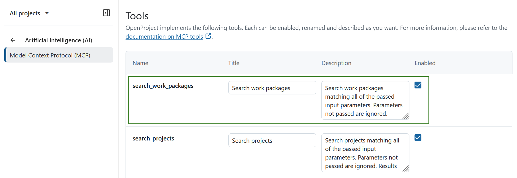 MCP tools section settings in OpenProject administration