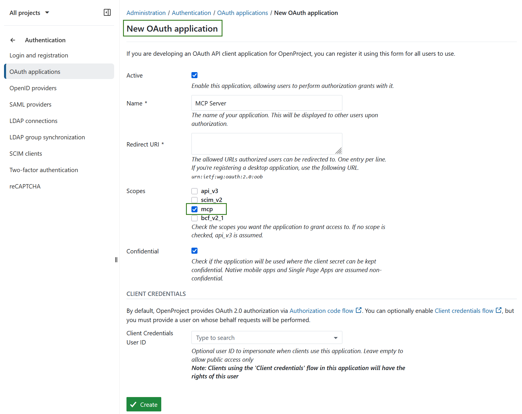 Create new OAuth application for an MCP server in OpenProject administration