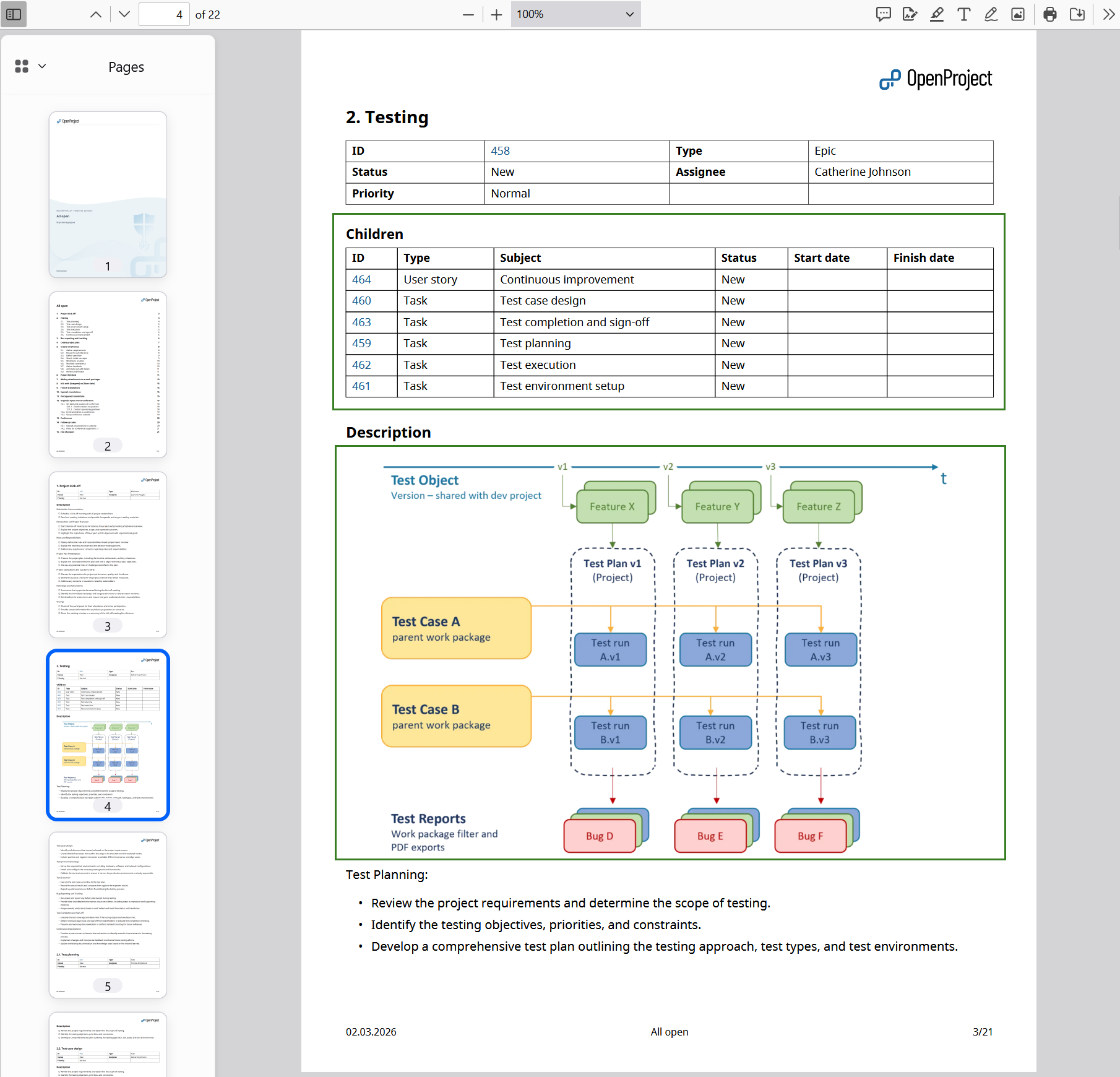 Exportación en PDF de un paquete de trabajo OpenProject que muestra una tabla estructurada de paquetes de trabajo relacionados y una imagen de diagrama incrustada en la descripción.