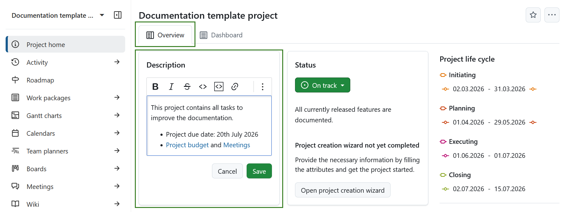 Página de resumen del proyecto en OpenProject, donde se muestra el widget de descripción del proyecto que se está editando directamente, con opciones de formato y un botón para guardar.