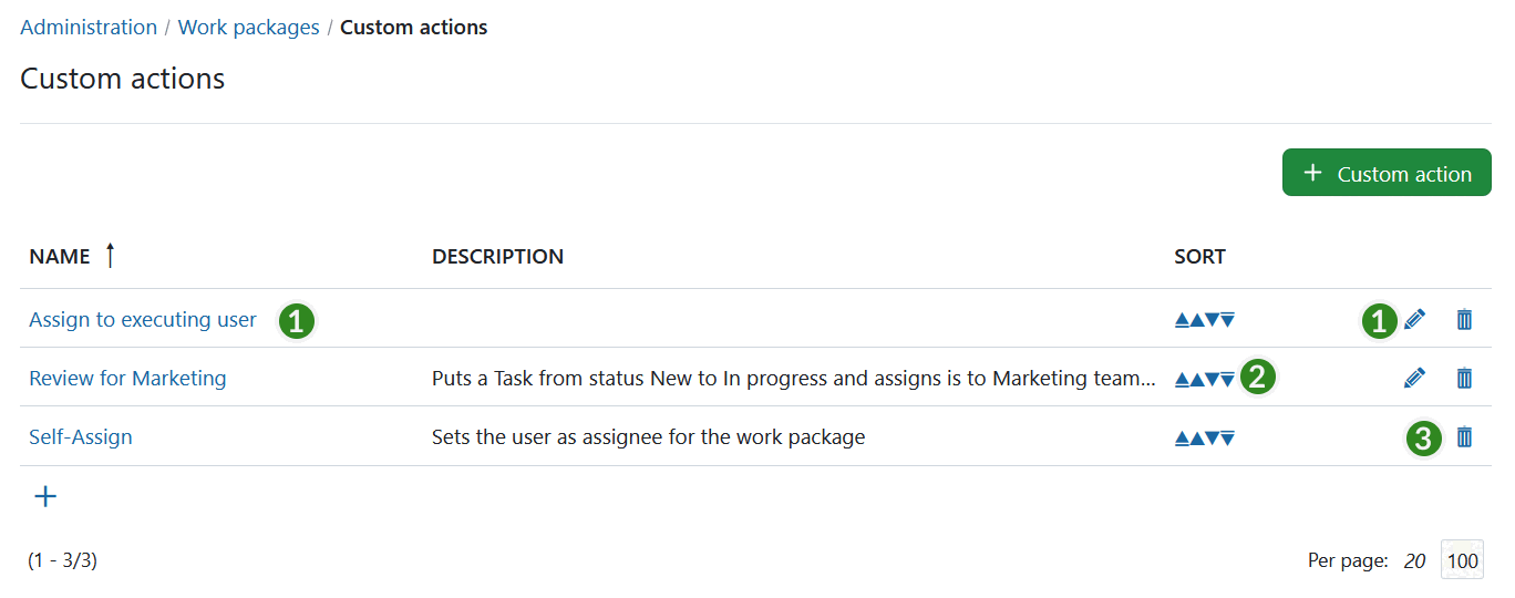 Update or delete custom actions in OpenProject administration