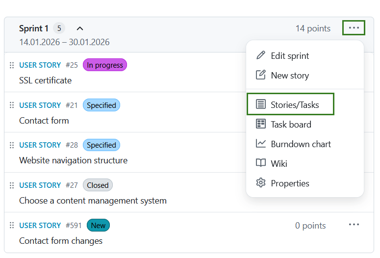 Stories/tasks option in an opened dropdown menu behind a sprint in OpenProject Backlogs module