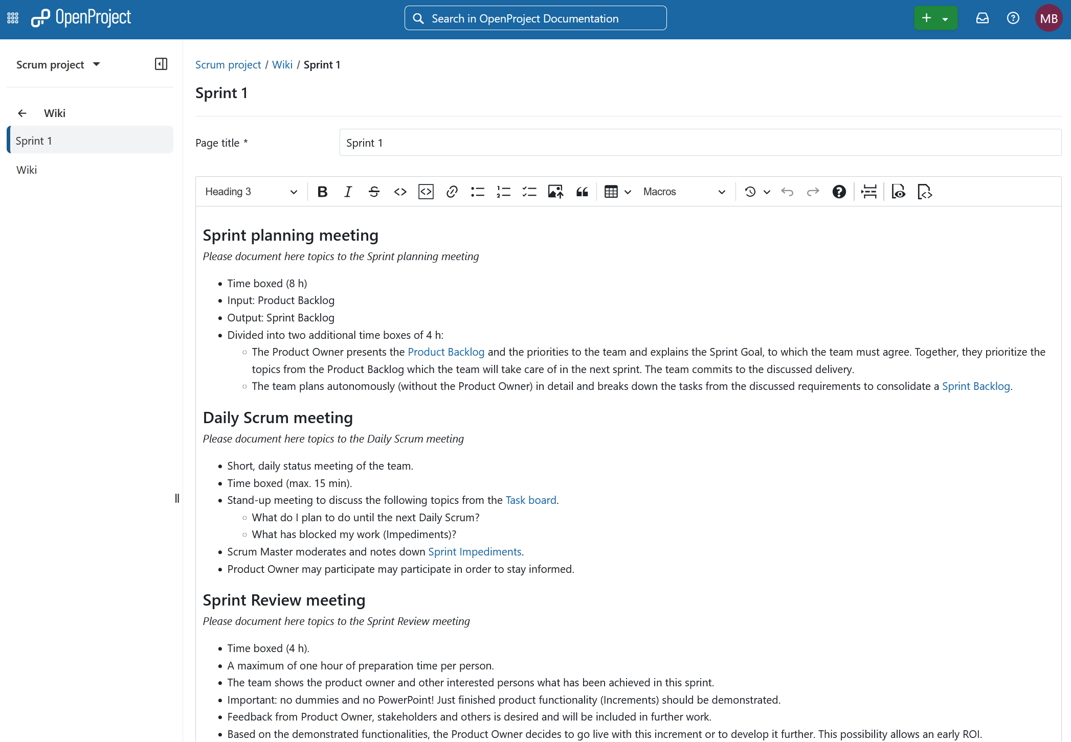 Sprint wiki opened in OpenProject