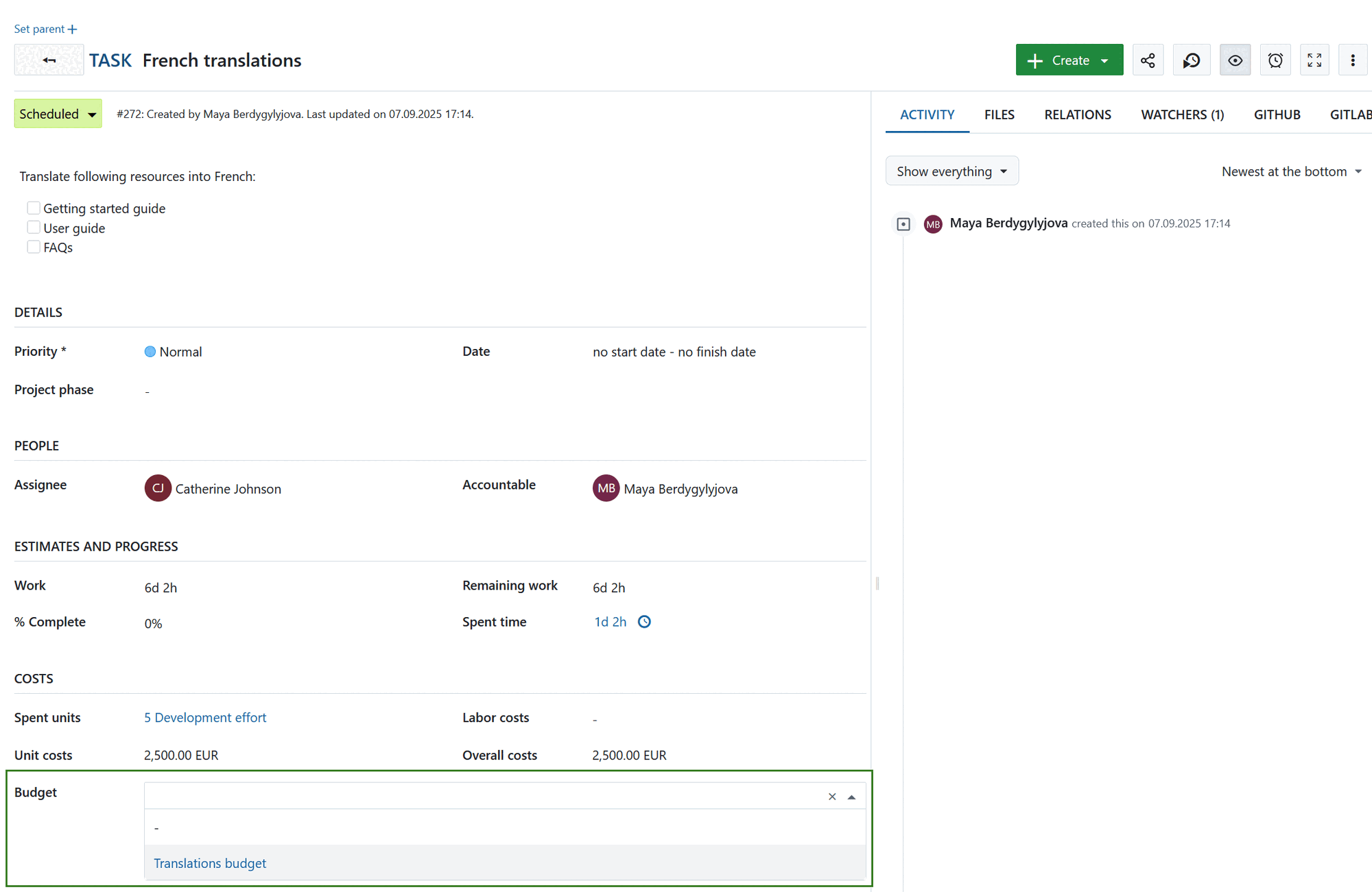 Assign a work package to a budget in OpenProject