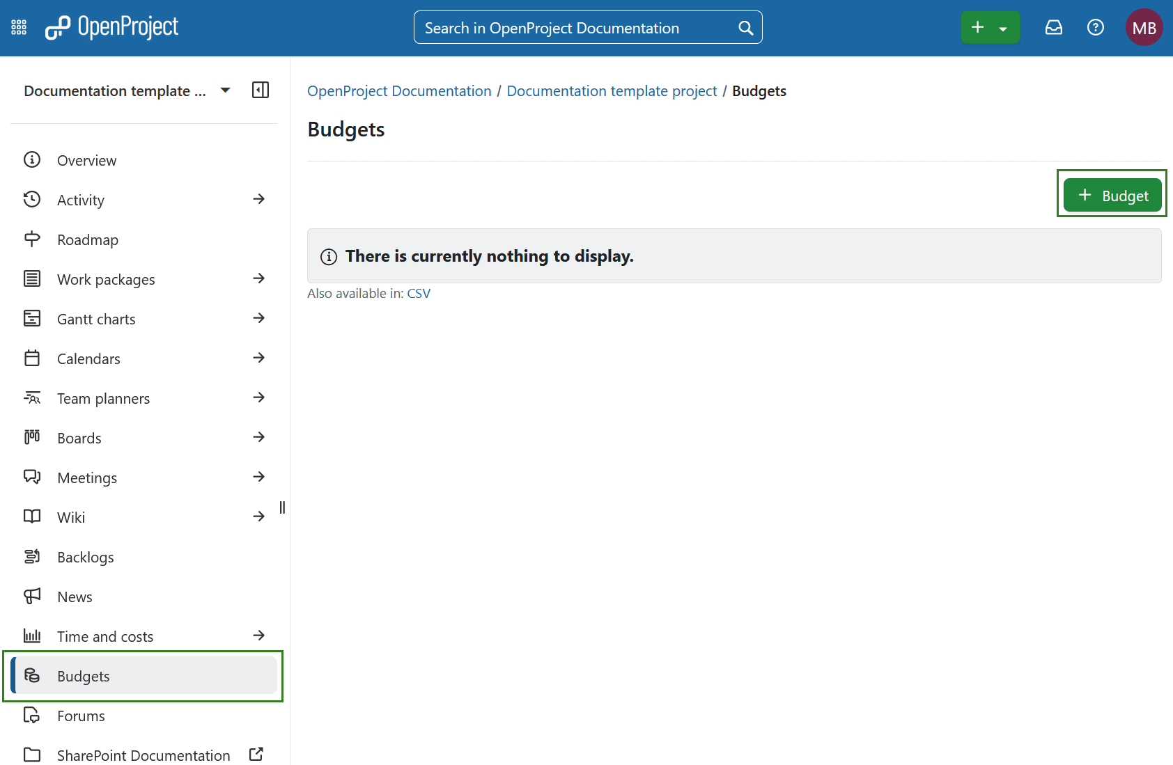 A button to create a new budget in OpenProject Budgets module