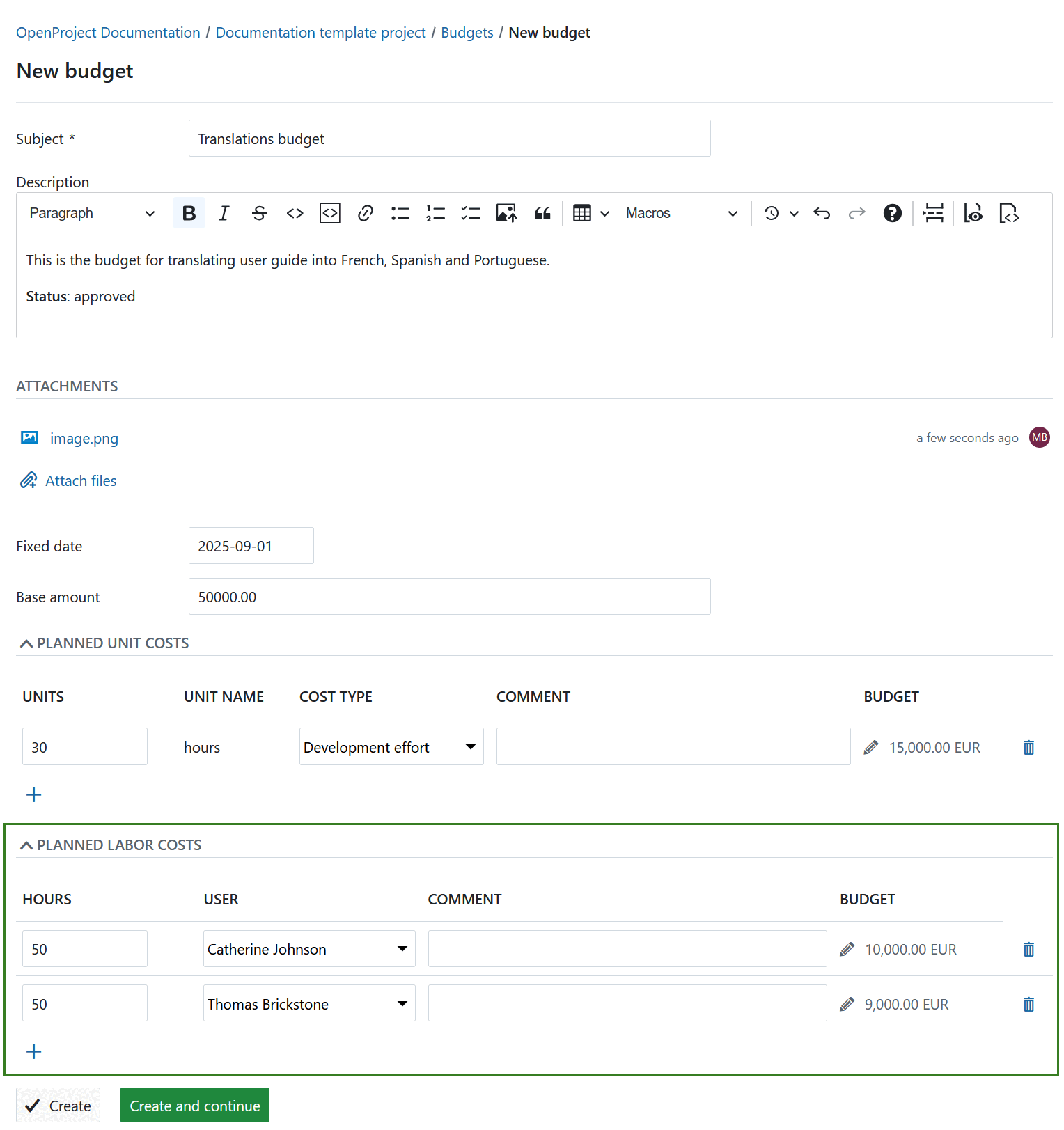 Specify planned unit costs for a new budget in OpenProject