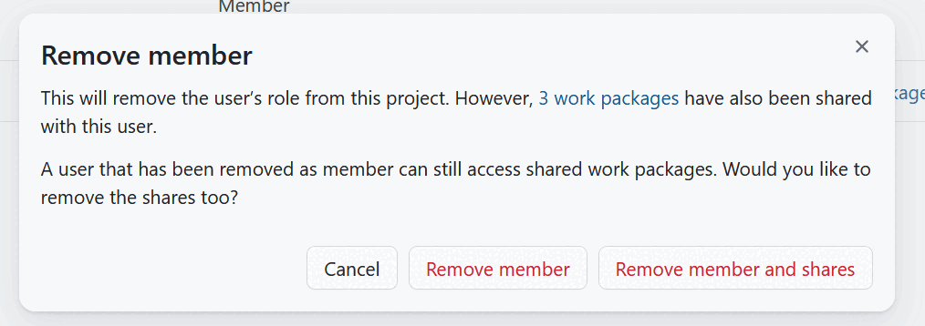 Confirm removing a user with shared work packages from a project in OpenProject
