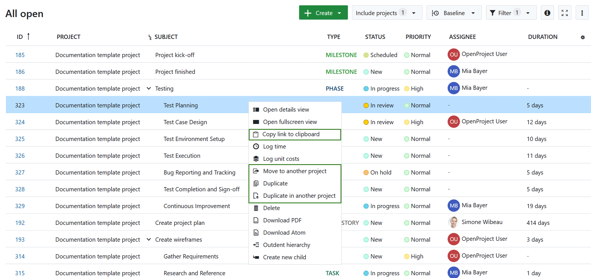 Work package editing options in a work package table view in OpenProject