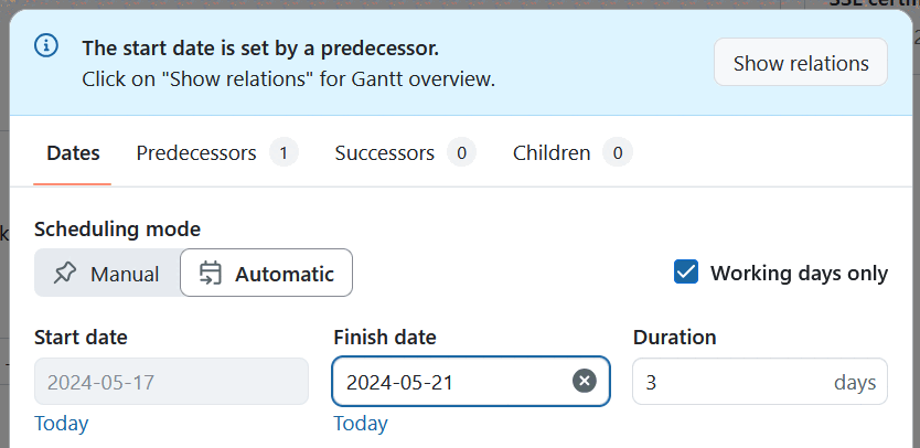 A blue banner informing the user that the worked package is automatically scheduled