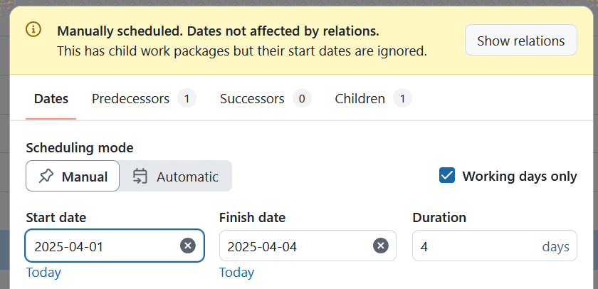 A yellow banner warning the user that manual scheduling will ignore existing relations in OpenProject date picker
