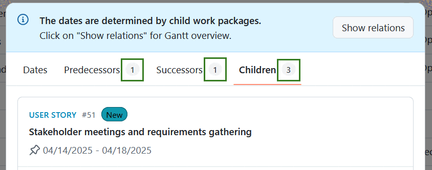 Date picker in OpenProject work package with highlighted number or related work packages as shown next to the tab name