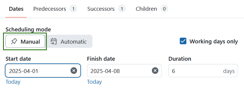 A switch on the date picker allows you to enable manual scheduling mode in OpenProject