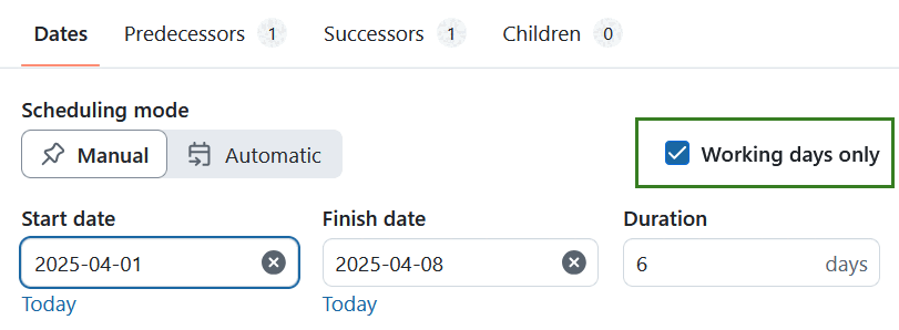 The “Working days only” switch on the date picker in OpenProject