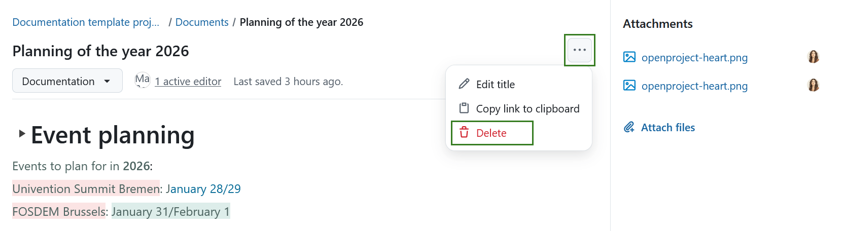 Delete a document in OpenProject Documents module
