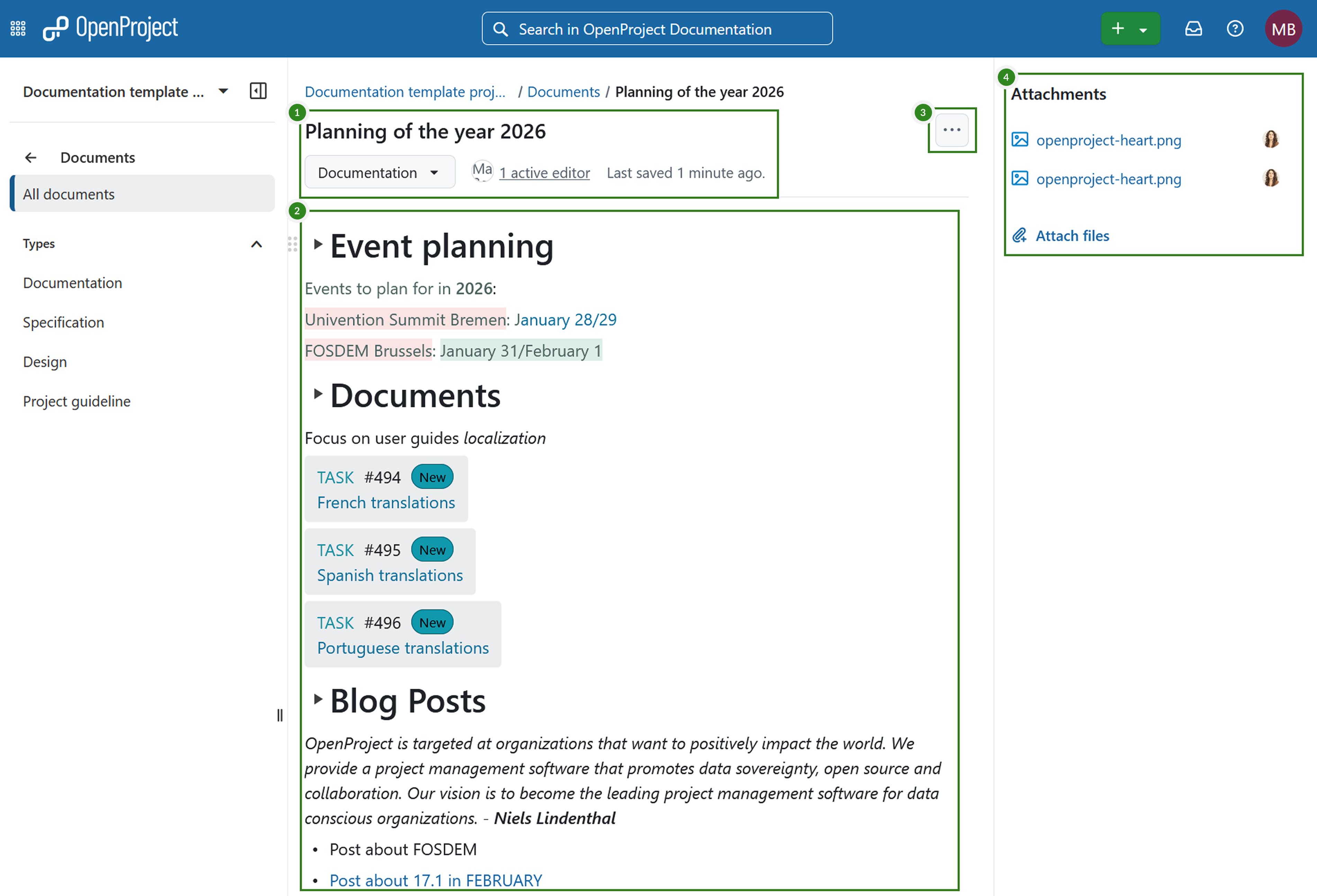 Viewing a document with an attachment in OpenProject