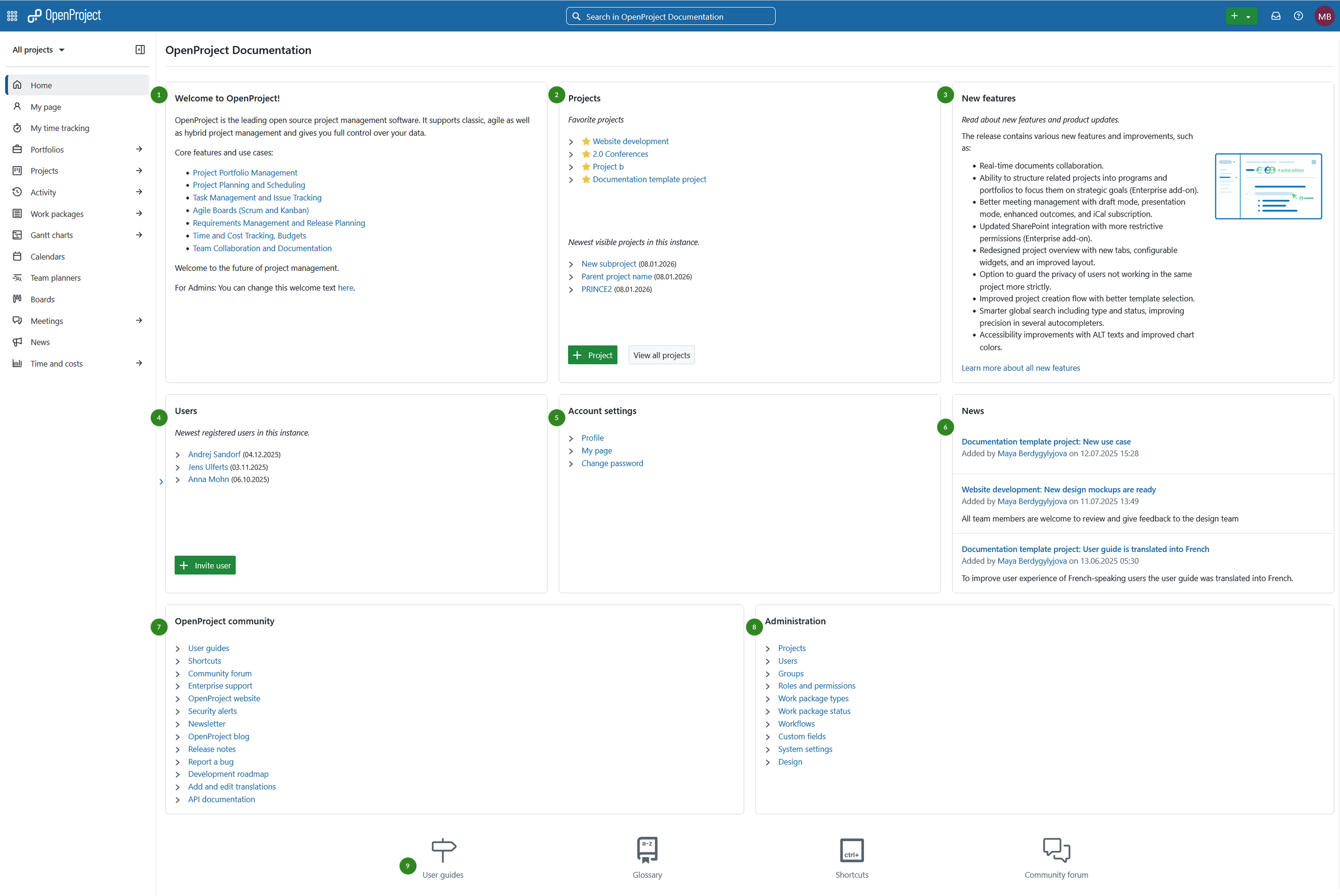 Application home page of OpenProject instance