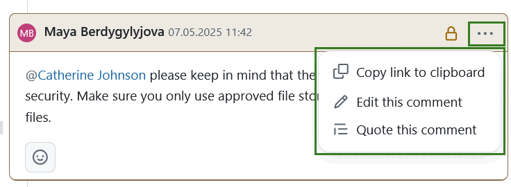 Editing options for an internal comment shown in a dropdown menu