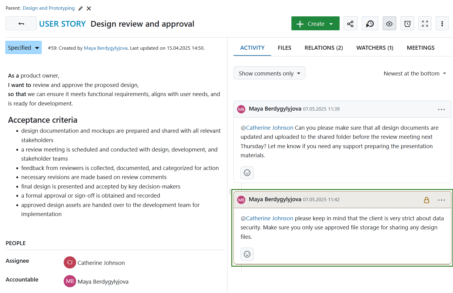 Example of an internal comment displayed under Activity tab of an OpenProject work package